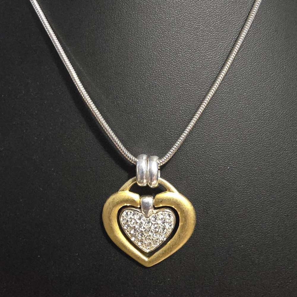 Chico's Gold and Silver Pave Crystal Swings-Inside Heart Pendant Necklace NWT